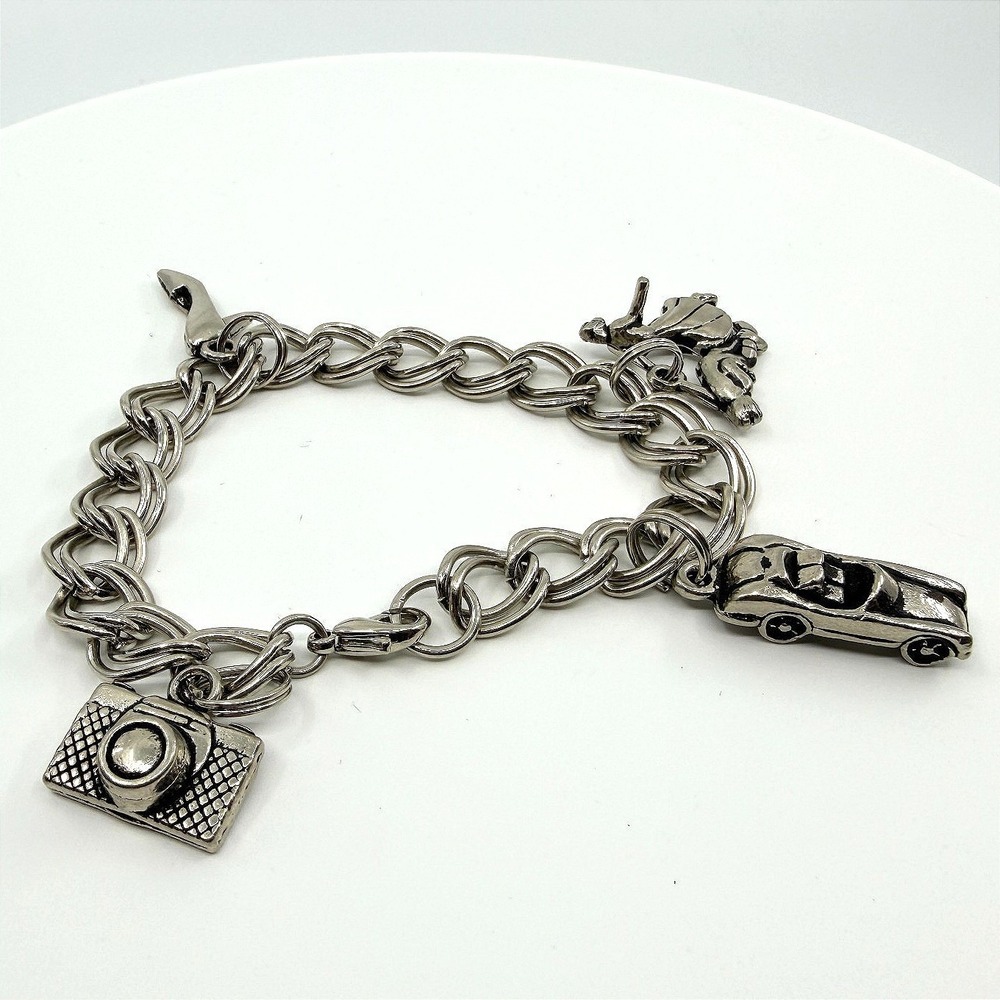 Vintage Silver Tone Multi Charm Bracelet Camera Shoe Car Dancing Couple Retro‎